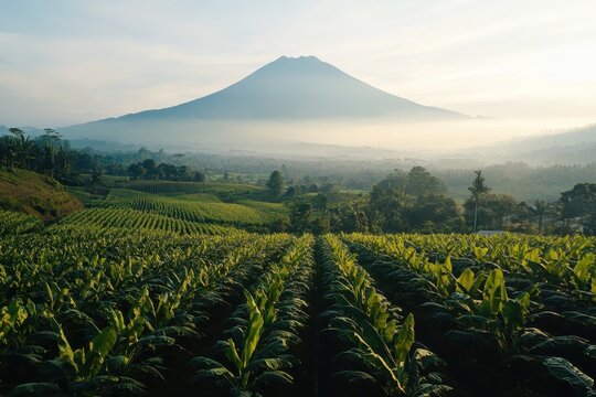 Drone flight captures lush tobacco fields with Mount Sindoro in the background during early morning light, Drone flight over the slopes of Mount Sindoro with tobacco plantations in Indonesia