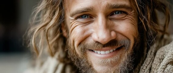 Smiling man with long hair and beard enjoys relaxed moment outdoors during sunny afternoon at local gathering