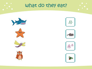 What do they eat matching game for kids with cute wild animals. activity page for kindergarteen and preschool. Vector illustration