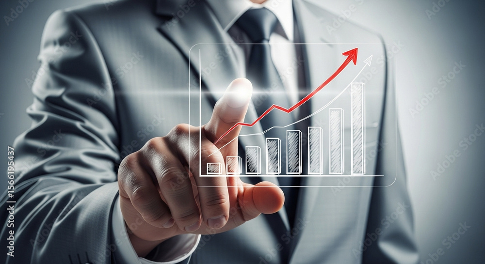 Poster man in suit pointing at rising bar graph with upward trending arrow on transparent screen