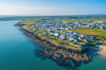 Aerial view of Holyhead island showcasing coastal homes and vibrant landscape under clear blue skies, Holyhead island aerial view circling over distant homes and coastal community townhouse property