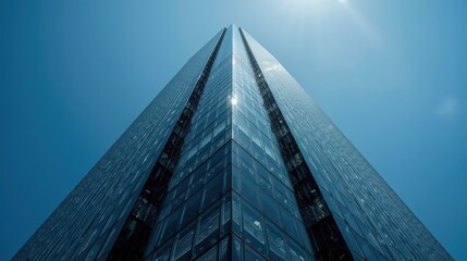 Low Angle View of a Sleek Modern Glass Skyscraper Against Clear Blue Sky
