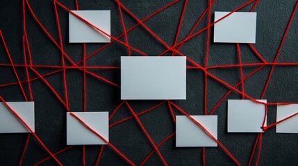 Red strings connect blank white squares on a dark surface, illustrating complex relationships or connections.