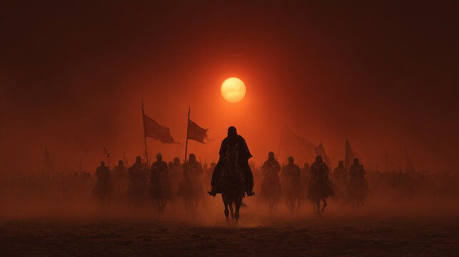An emotionally powerful historical scene of Imam Hussein at Karbala, standing resolute with his followers amidst battle flags and horses. 