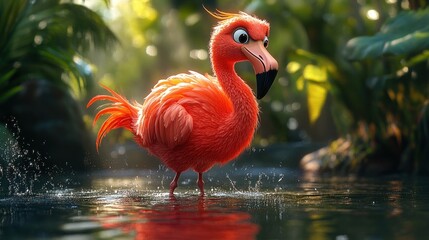 Vibrant flamingo wading in a tranquil water body.