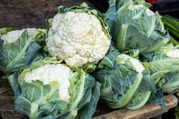 Fresh cauliflower heads at farmers market