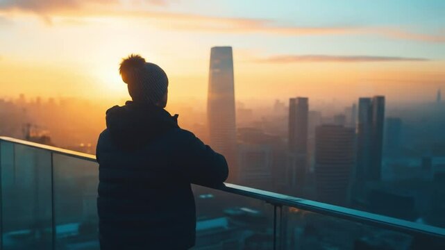 Rooftop contemplation at dawns city edge