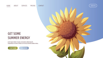 Web page design with sunflower. Vector illustration for website, promo, banner.	