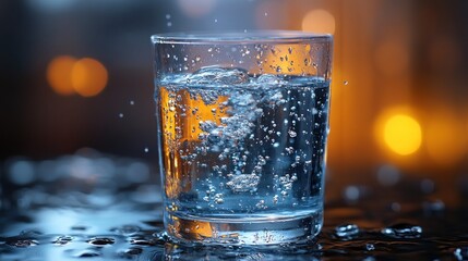 Sparkling water in a glass with droplets.