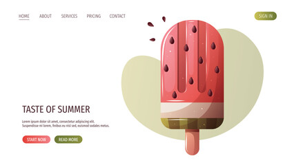Web page design with watermelon popsicle. Vector illustration for website, promo, banner.	