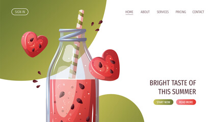 Web page design with watermelon smoothie in a bottle. Vector illustration for website, promo, banner.