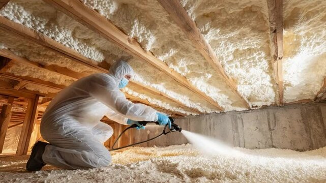 Worker in protective gear sealing crawl space for pest prevention A worker in protective gear and gloves is applying white spray foam on the ground of an underground house