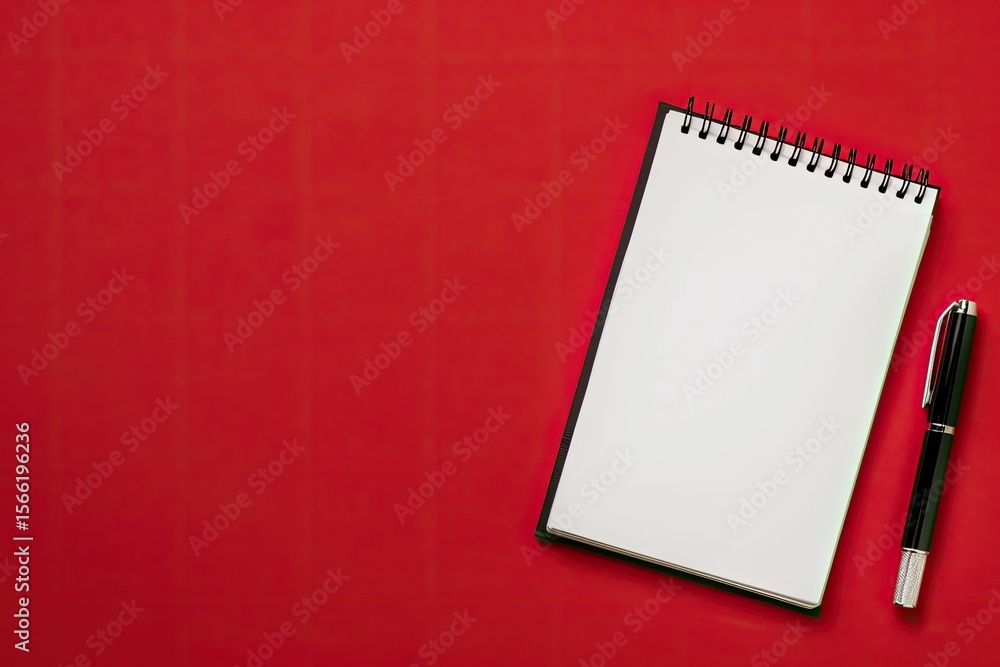 Fototapete detailed color image of desk elements with empty notebook on red background