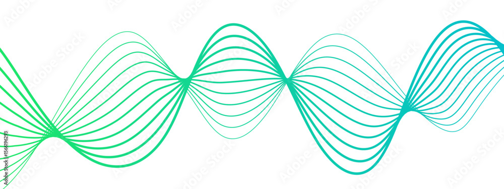 Poster Abstract wave with smooth, flowing cyan-blue curved lines on a white background. Lines form rhythmic with waveforms overlap and intertwine symmetrical, airy, and futuristic pattern. 