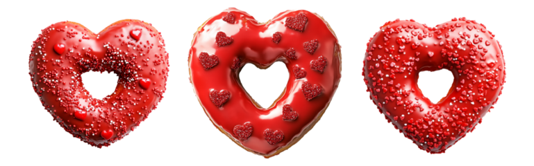 Set of Heart shaped donut decorated with red glaze and sprinkles isolated on white transparent background. Symbol of love and Valentine's Day treats