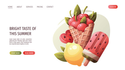 Web page design with cherries in a waffle cone, watermelon popsicle, lemon. Vector illustration for website, promo, banner.	