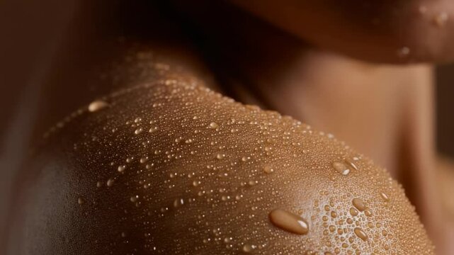 Capturing the beauty of water droplets on smooth skin in a close-up view highlighting natural textures and soft lighting effects