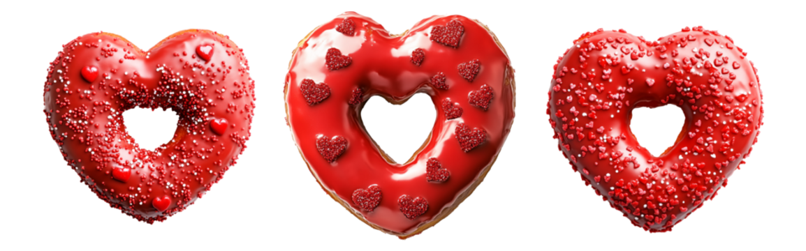 Set of Heart shaped donut decorated with red glaze and sprinkles isolated on white transparent background. Symbol of love and Valentine's Day treats