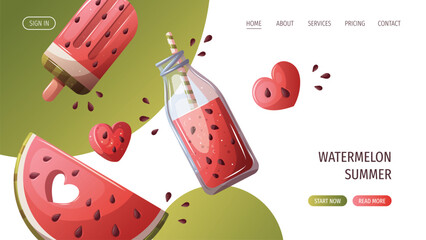Web page design with watermelon slice, smoothie, popsicle. Vector illustration for promo, website, banner.