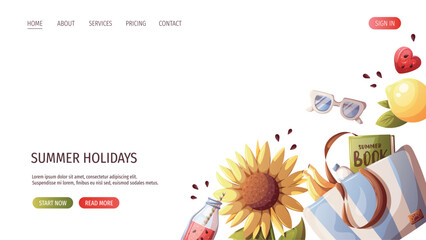 Web page design with sunflower, beach bag, lemon, watermelon smoothie, sunglasses. Vector illustration for promo, website, banner.