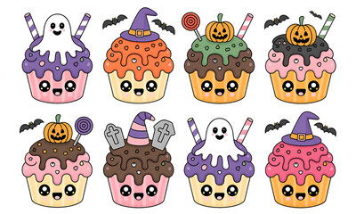 Obraz premium Cute Kawaii Halloween Cupcake Clipart Bundle – Spooky Ghosts, Pumpkins, Bats, & Candy Decorations Perfect for Stickers, Sublimation, Invitations, Crafts, Party Decor & Digital Halloween Designs.