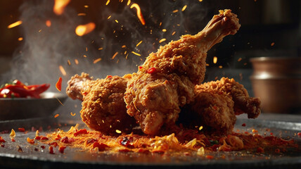 Spicy Fried Chicken Drumsticks in Bowl with Flaming Background – Cinematic Food Photography