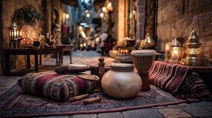 Musical Instruments and Colorful Textiles on a Middle Eastern Street at Night