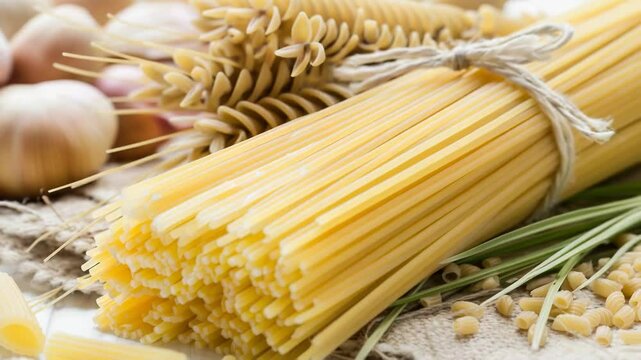 A plate of pasta and garlic on a wooden table