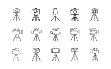 Collection of Camera and Video Recording Equipment Icons Various Styles Old Fashioned Vintage Modern Smartphone on Tripod Recording Filming Equipment Photography and Videography Concept