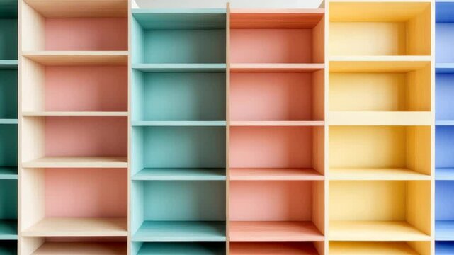 Colorful wooden shelf unit with multiple compartments in pastel colors offers vibrant storage and organization solution for home decor and office furniture with cheerful empty shelf design