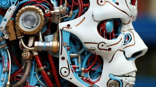 The head of the terminator robot. The concept of artificial intelligence and futuristic technologies.