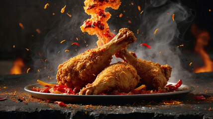 Spicy Fried Chicken Drumsticks in Bowl with Flaming Background – Cinematic Food Photography