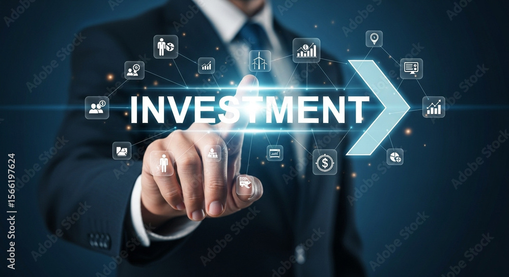 Poster man in suit touching investment text with arrow and icons floating on a dark blue background
