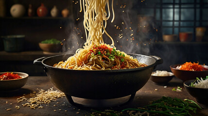Cinematic Close-Up of Hot Spaghetti Tossed with Spices and Garnished with Green Onions in Rustic Kitchen Setting  Food Action Shot with Steam and Falling Seasonings