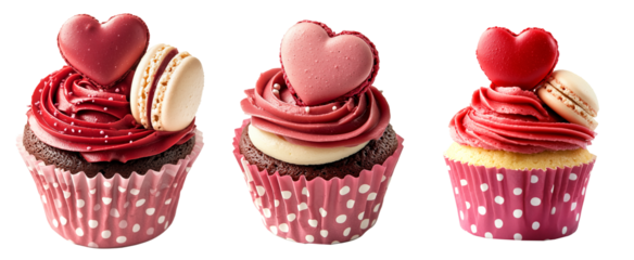 Set of Pink cupcake with red swirled frosting, topped with heart shaped macaron, in polka-dot wrapper isolated on white transparent background. Symbol of love and Valentine's Day treats