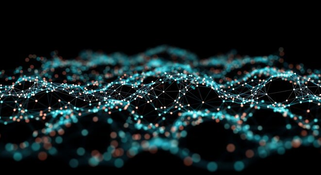 Abstract digital network connection with glowing dots on black background - Powered by Adobe