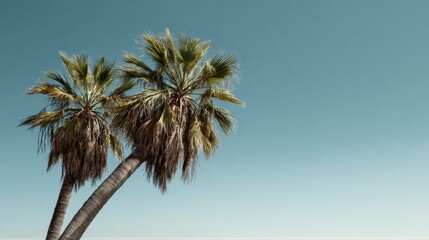 Two palm trees against a clear blue sky A minimalist tropical scene summer