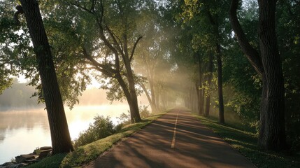 Fototapeta premium Paved trail along riverbanks with mist and trees lining both sides in the morning