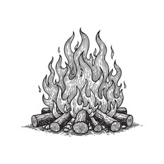 Roaring Campfire Vector Engraving Illustration