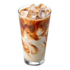 Delicious iced coffee with cream swirls and ice cubes in a tall glass isolated on transparent background