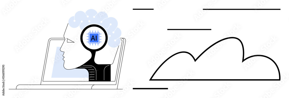 Poster human profile with ai circuit in the brain linked to a laptop and cloud illustration. ideal for tech