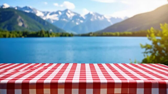 Empty picnic table with red and white checkered tablecloth, scenic mountain lake, summer day, landscape background