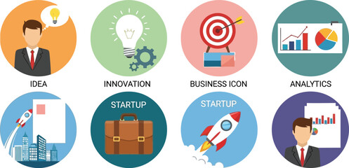 Fototapeta premium Business startup icons set with idea innovation analytics and other concepts