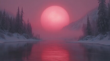A serene winter landscape with a vibrant pink sunset over a frozen river.