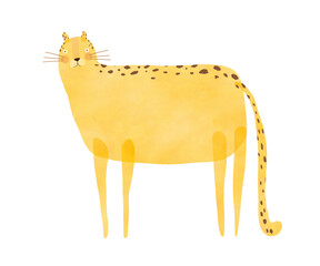 Cute Fat Cheetah. Funny Print With Big Cheetah. Childish Drawing-like Vector Illustration Of Happy Leopard. Yellow Wild Cat On A White Background. Kids Room Decoration. 