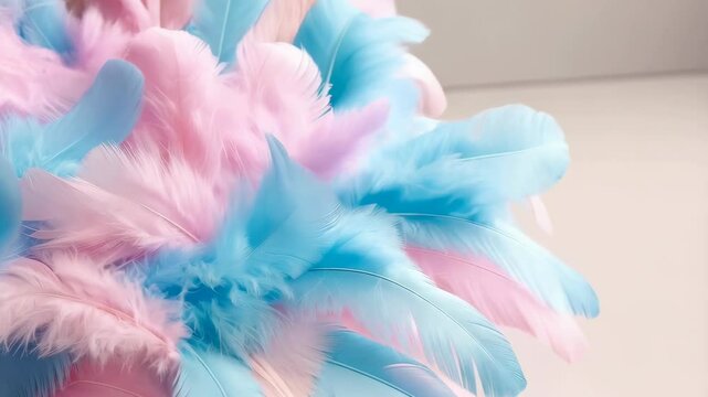 Close up of pastel colored feather arrangement in shades of light blue and pink creating a soft, airy and delicate pattern