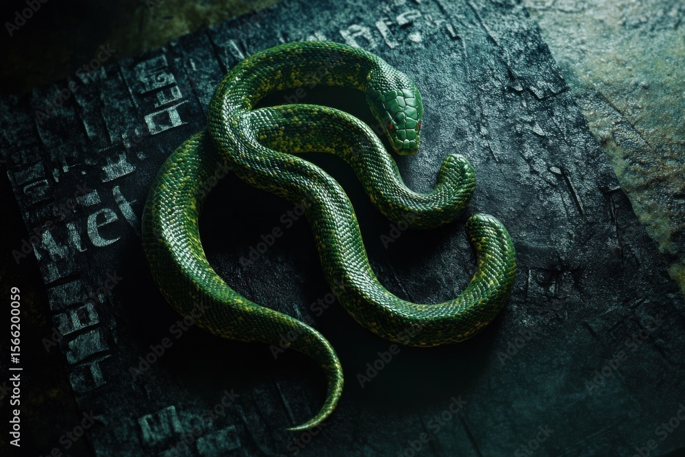 Poster green snake coiled around text on dark surface creating a striking visual contrast, green snake coil