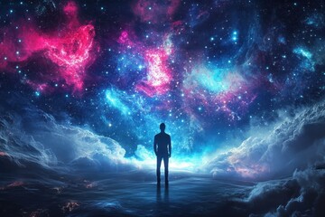 Man stands in awe before a vibrant galaxy full of swirling colors and cosmic wonders, man stand on space galaxy abstract Photo background ing scenery live wallpaper quality