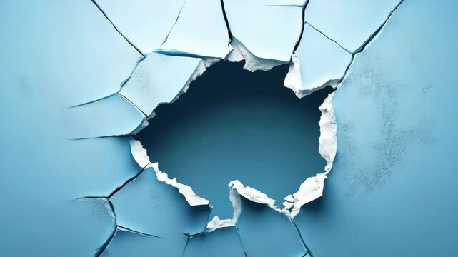 Broken blue wall with large hole and cracked paint showing rough texture damage and destruction, featuring broken fragments and torn edges creating dramatic cracked surface effect