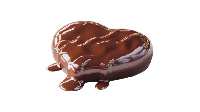 A chocolate heart with chocolate dripping from it. The heart is surrounded by a white background